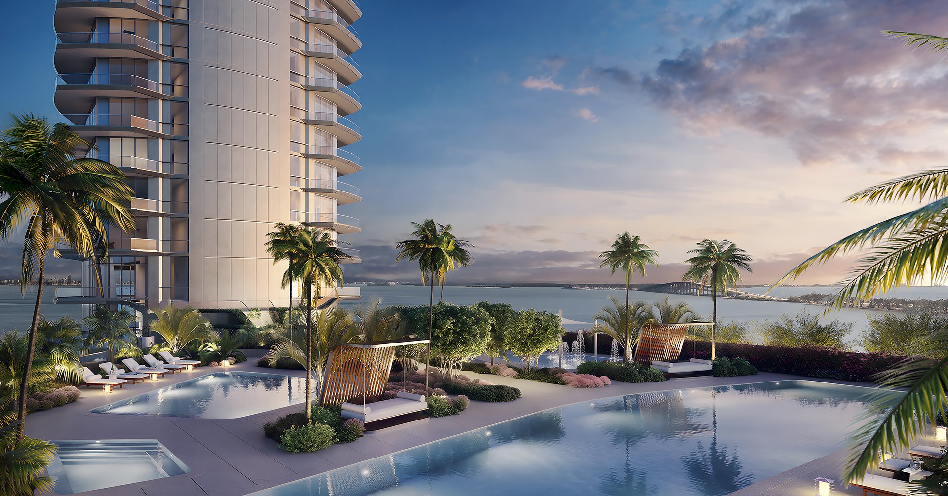 The views of Biscayne Bay can be enjoyed while taking a refreshing dip in this grateful swimming pool.