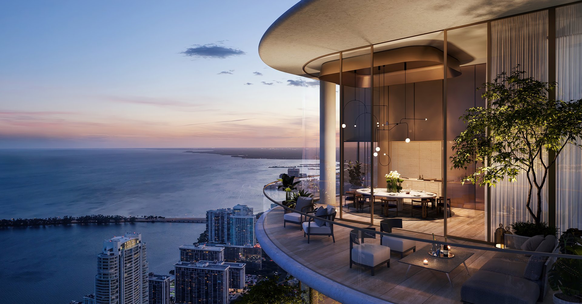 Across 189 fully finished residences, the collection ranges from approximately 1,800 to 4,000 square feet, with the uppermost collection extending from roughly 4,000 to 10,000 square feet. Every residence faces east toward Biscayne Bay and arrives by private elevator foyer, with expansive terraces, outdoor kitchens, and floor-to-ceiling glazing establishing the ease of a waterfront villa. Enhanced concrete wall construction and discreet delivery compartments reinforce a rare standard of discretion.