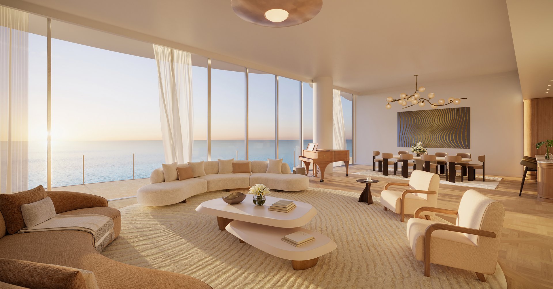 Ocean Terrace is a boutique coastal collection oriented to ocean, bay, dune, and park vistas. Private elevator arrival, floor-to-ceiling glazing, generous terraces, oak, white stone, travertine, walnut, and nickel give each residence the bearing of a private seaside house. The Penthouse extends that language through five bedrooms, dual primary baths, chef’s and service kitchens, and a private rooftop for poolside gathering.