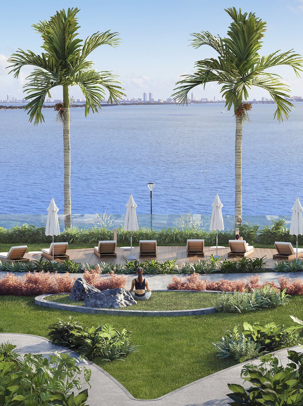 In the Bay Level, residents will find a water sports marina, café & restaurant, solarium areas, fire pit, whirlpool spa, meditation garden, poolside daybeds, and a telescope observatory area.