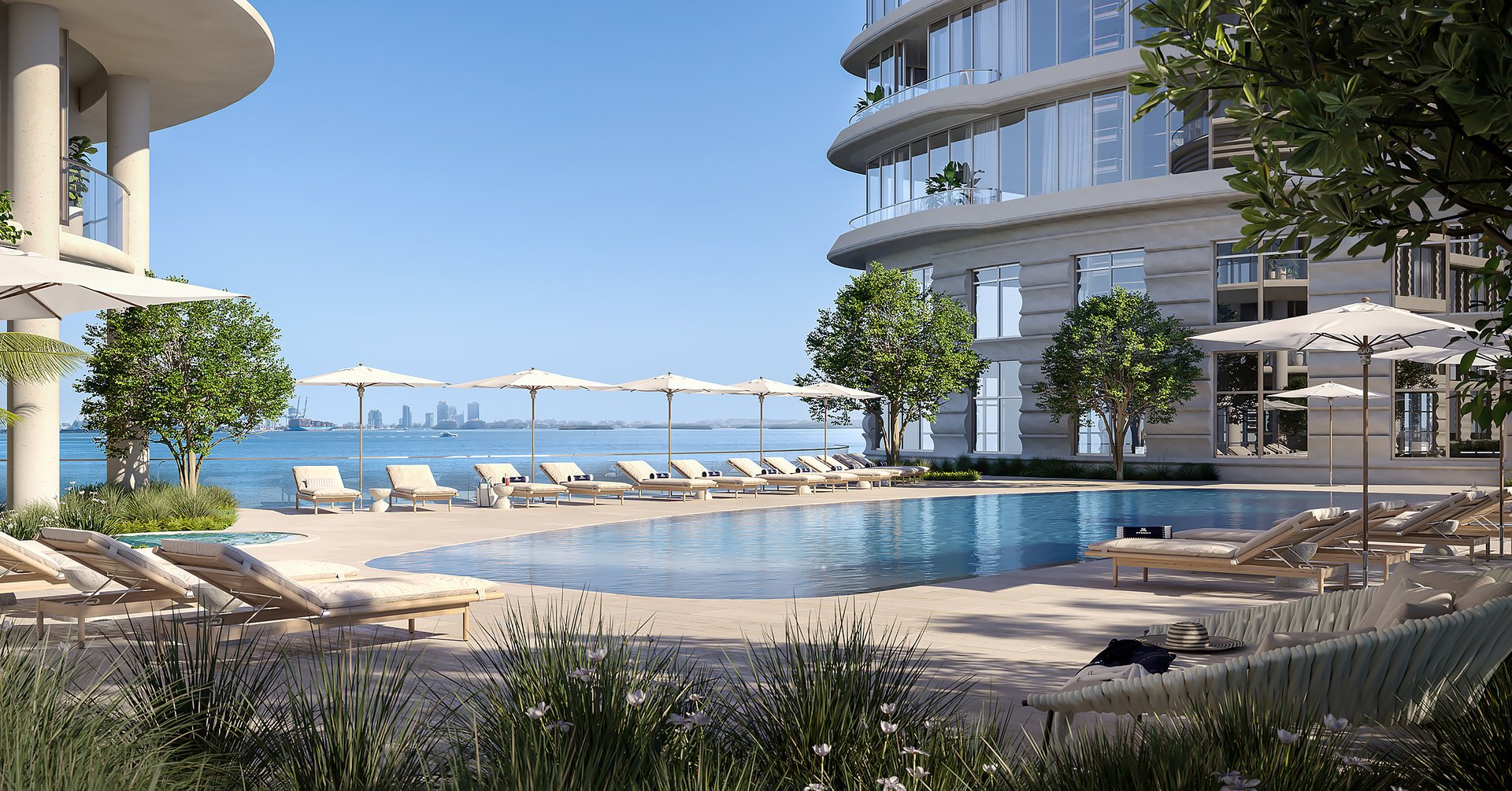 Residents will enjoy a bayfront infinity pool and whirlpool with private cabanas, and a garden with seating areas. The deck also includes a poolside bar and café.