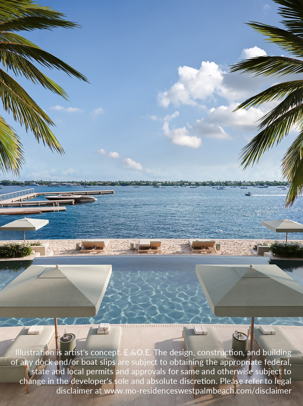 At ground level, a second pool experience includes a pool bar, cabanas, and loungers, complemented by a private beach-inspired setting along the Intracoastal. It is envisioned as a relaxed shoreline escape for afternoons, entertaining, and effortless indoor to outdoor living.