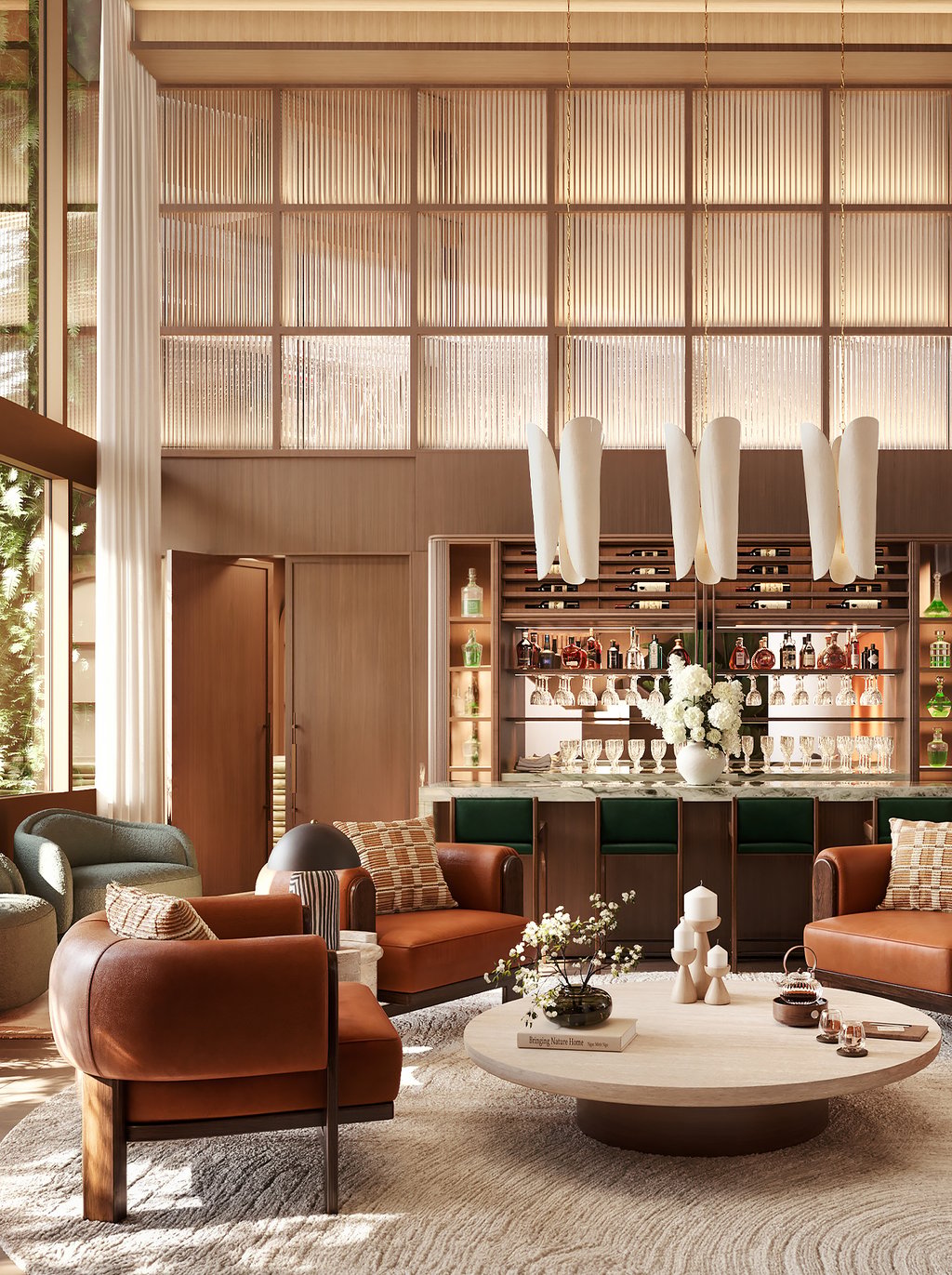 An aperitif bar with light refreshment offerings for residents. The tea garden features lush landscaping, an indoor/outdoor patio, and a reflection pond.