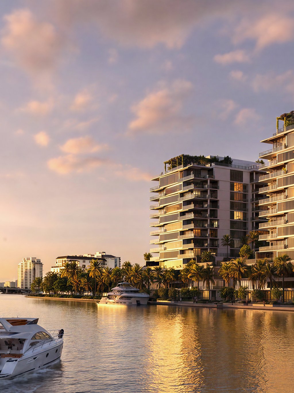 A landscaped Intracoastal-side promenade connects daily life to the water’s rhythm, framed by tropical planting and quiet lounge moments. Private dockage and outdoor seating create a relaxed, club-like setting to stroll, pause, and watch passing yachts from morning to sunset.