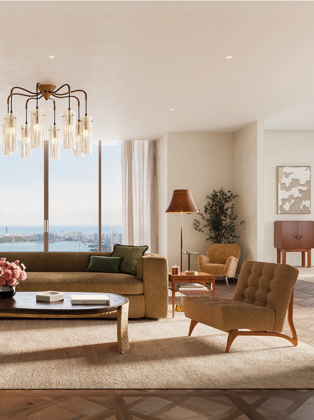 Conceived by ODP Architecture & Design and shaped within by Vicky Charles and Charles & Co., Villa Triplo crowns Villa Miami with a triplex residence set roughly 650 feet above Biscayne Bay. Double-height glazing and a sequence of east- and west-facing terraces open long views across the bay, Miami Beach, the Atlantic, and the downtown skyline. It reads less as a penthouse than as a private house suspended between water, horizon, and light.