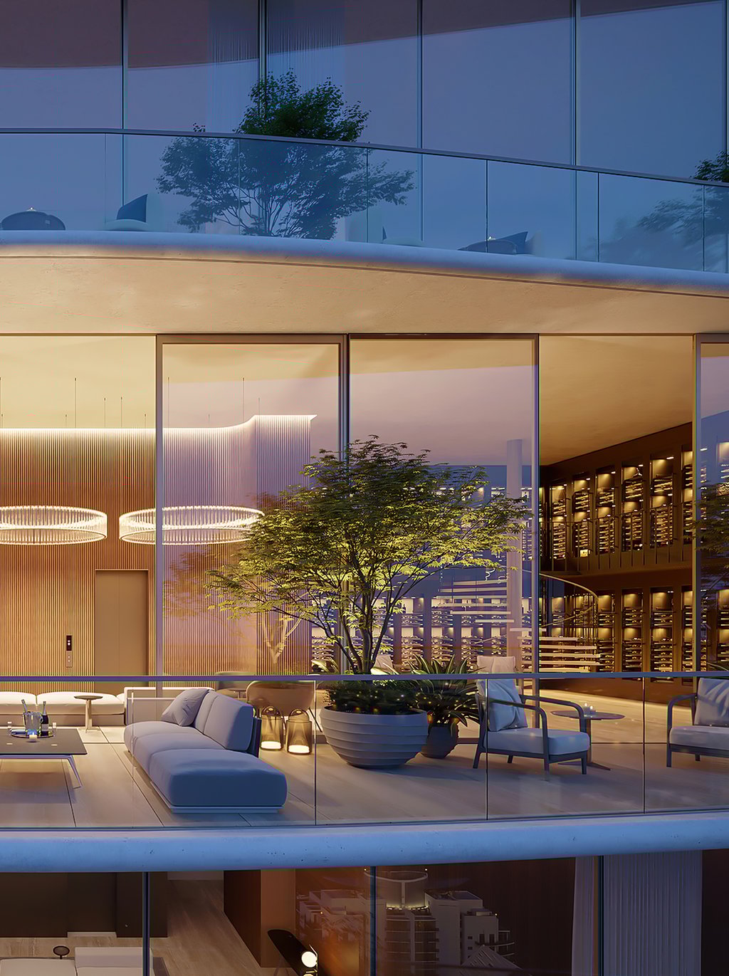 This level features a stunning double-height wine and spirits lounge with private temperature-controlled storage, a private dining room with a Vaselli chef’s kitchen for intimate gatherings and special occasions, state-of-the-art office suites, conference rooms, and a full bar.