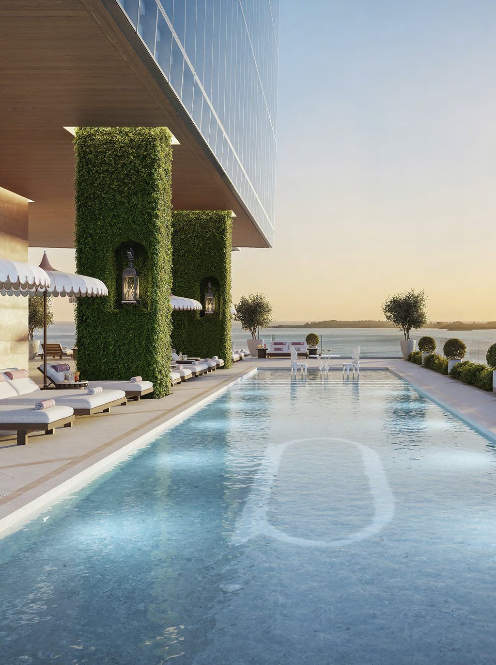 A resort sequence rises through the tower, culminating in an elevated pool deck and a reimagined Delano Rose Bar alongside a private members club. Above, rooftop dining and panoramic lounges create a high-altitude address for entertaining, framed by bay and ocean horizons.