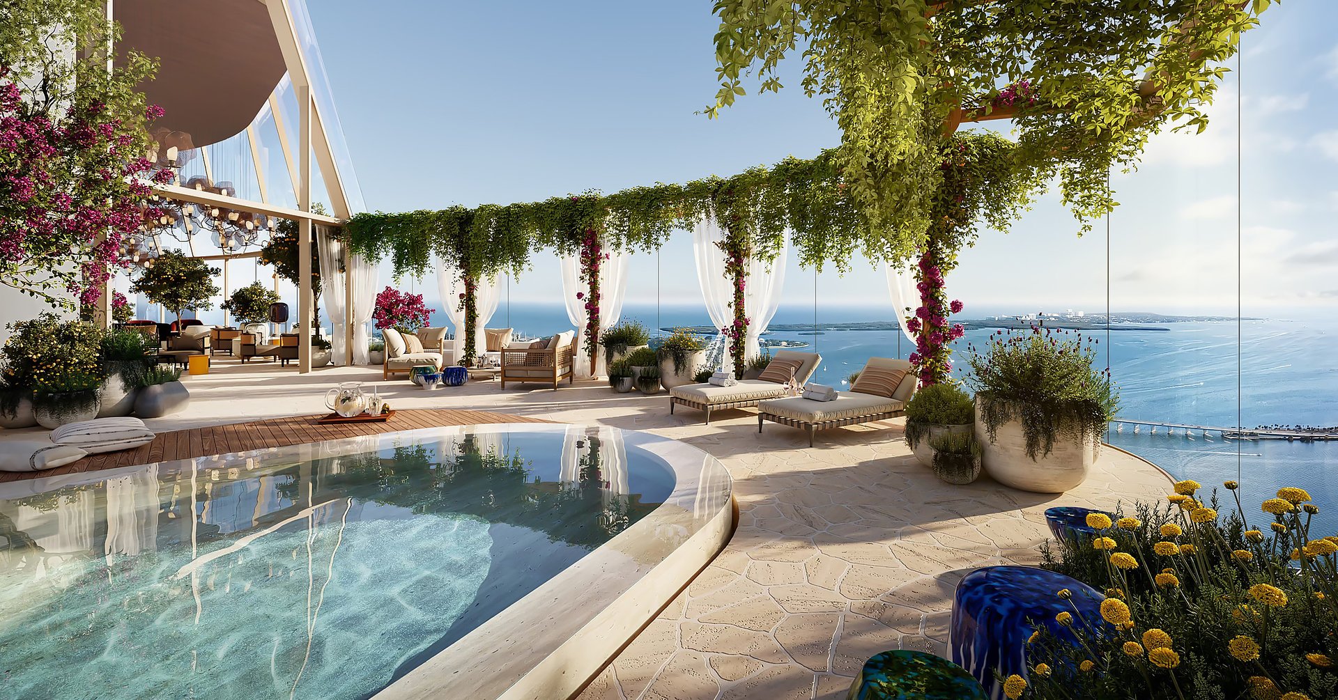 The highest deck of the building includes a rooftop pool with breathtaking views 850 ft. in the sky, a two-story soaring atrium with lush planting and serene seating areas, a rooftop lounge bar with craft cocktails, culinary fare, and poolside service.