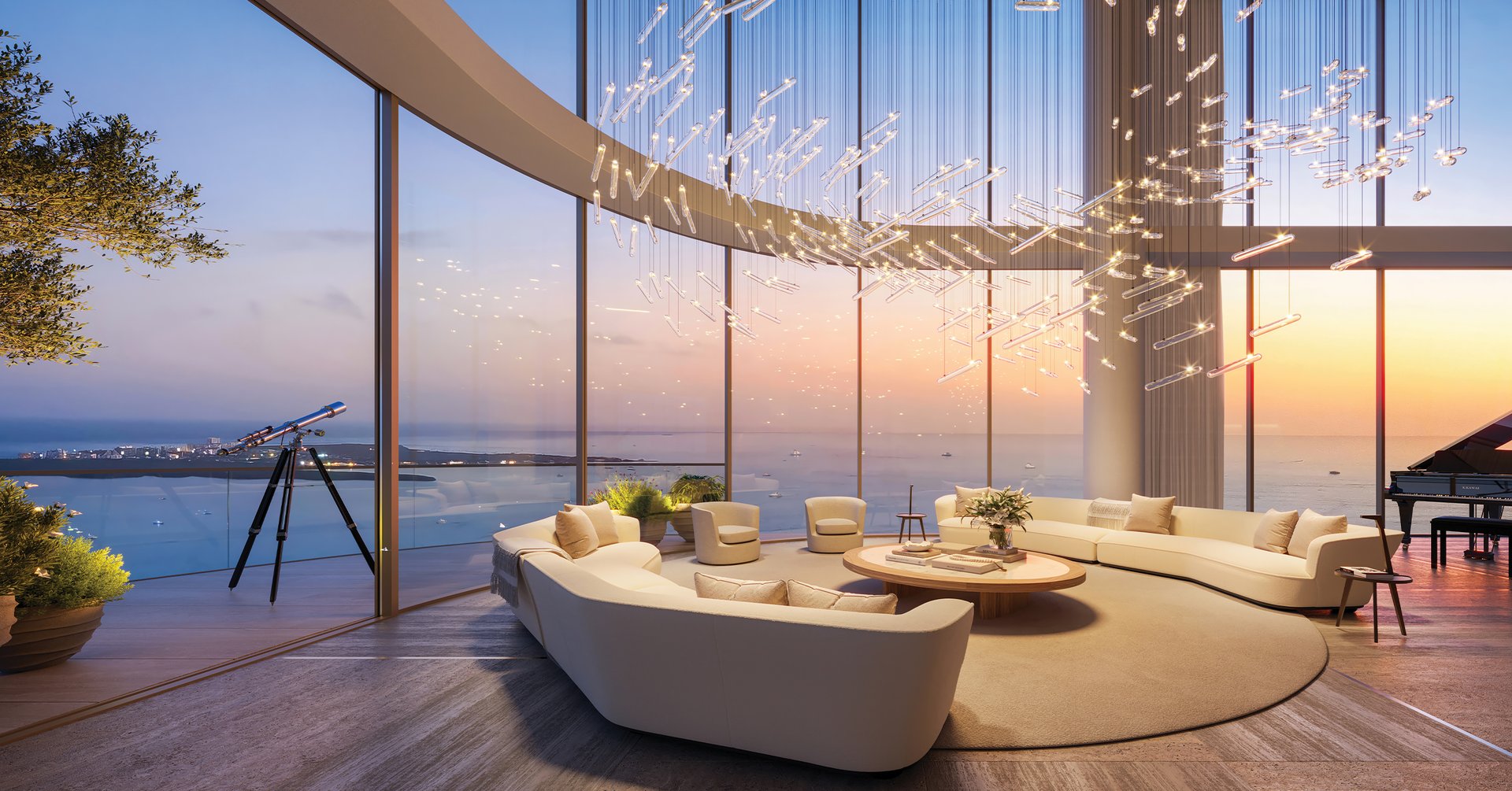 Conceived by ACPV Architects led by Antonio Citterio and Patricia Viel, with Arquitectonica, the two-story residence rises roughly 800 feet above Brickell in a composition shaped by light, proportion, and privacy. Panoramic views extend across Biscayne Bay, Brickell Key, Key Biscayne, and the Atlantic horizon, while 30-foot volumes lend the principal rooms the scale of a private house. It is a sky estate defined by serenity.