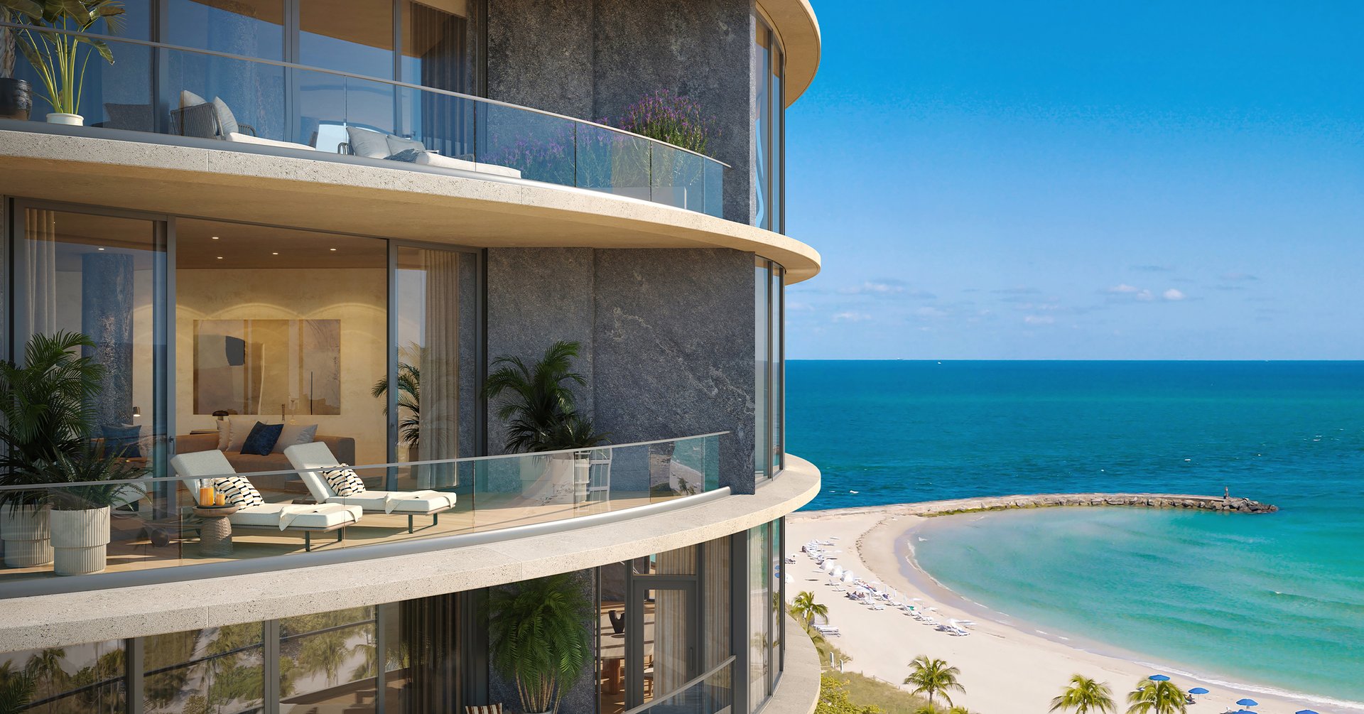 At Rivage, no more than three residences occupy each level, establishing the discretion of a private coastal collection. Direct private-elevator arrival, expansive glazing, and deep terraces create a measured progression between arrival, interior volume, and the oceanfront horizon. Across the residences, scale, privacy, and craftsmanship are composed with the bearing of waterfront villas, refined for life above Bal Harbour.
