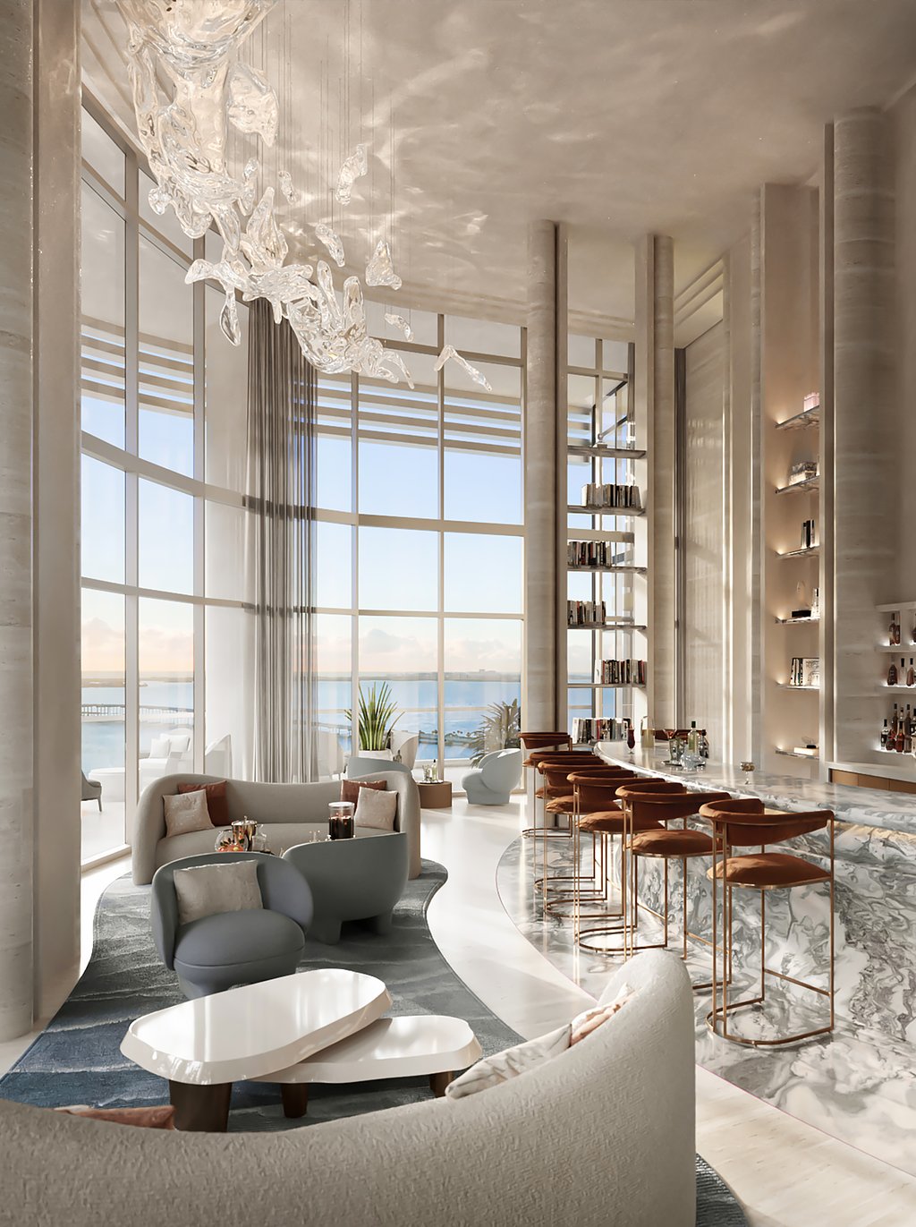 This magnificent area features a double-height bar and lounge with breathtaking water views, a St. Regis® cognac room, the traditional St. Regis® tearoom, a billiards room, and a catering kitchen.