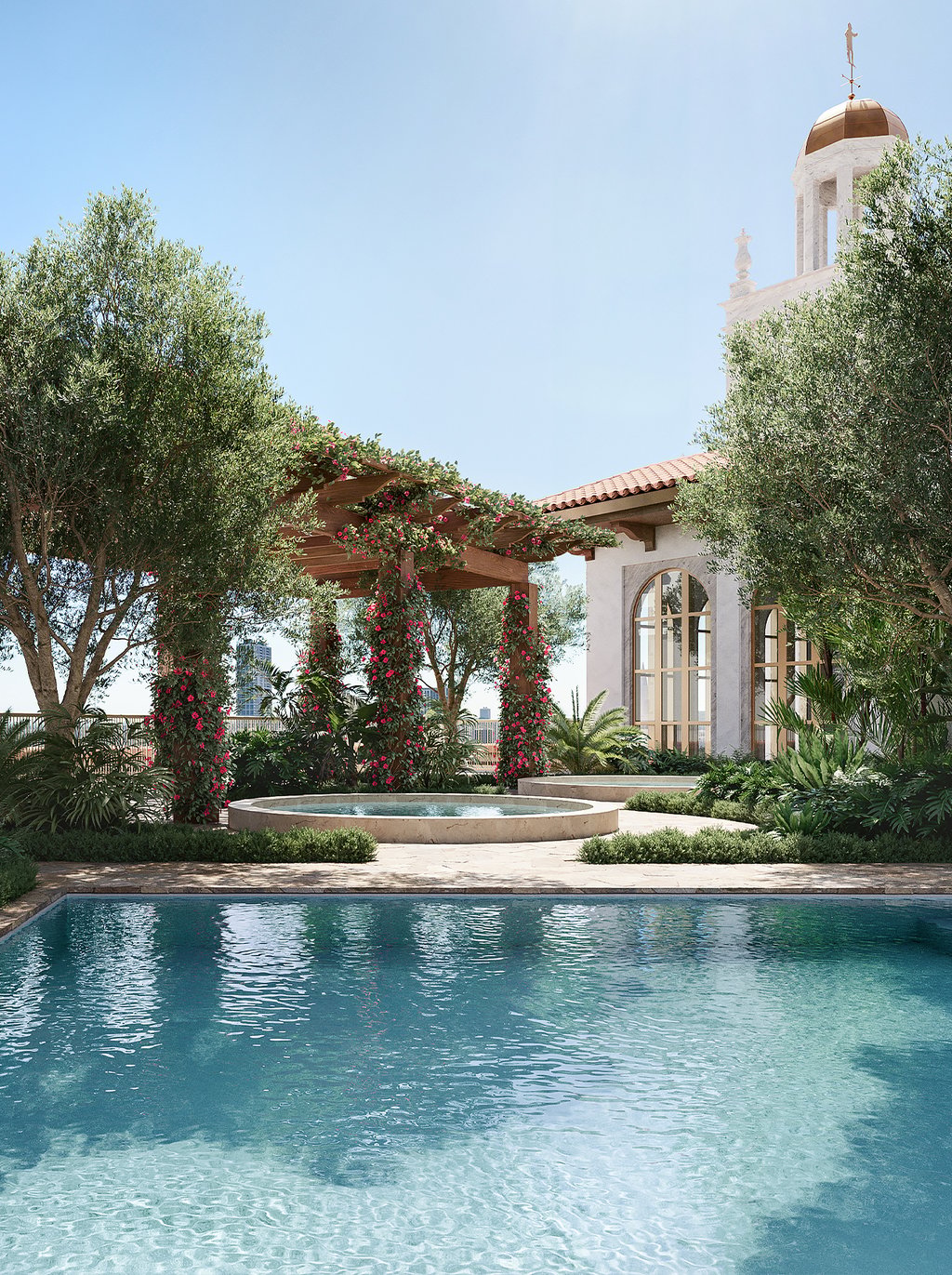 An expansive rooftop oasis where a resort-style pool shimmers under the sun, inviting lounges offer relaxation in style, and panoramic vistas of the cityscape captivate the senses.