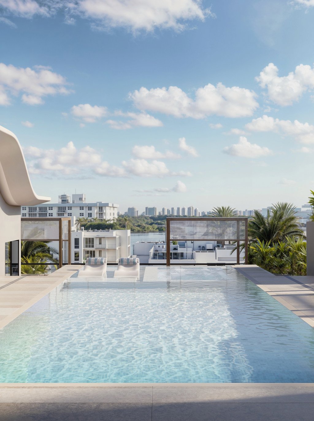 A rooftop pool with sun shelf and loungers offers a private horizon for morning swims and sunset pauses. Thoughtful landscaping and intimate seating create a boutique atmosphere, never crowded, always calm, designed for residents who value time, light, and privacy above the island.