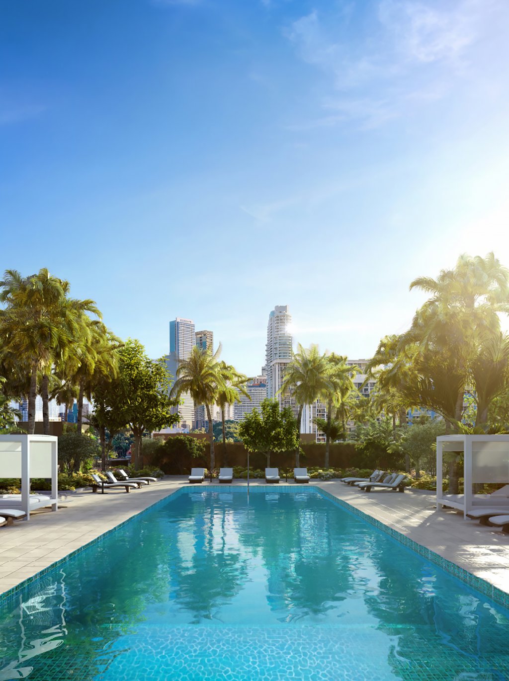 This level features a resort-style pool and outdoor spa with poolside cabanas, and a summer kitchen with multiple seating areas.
