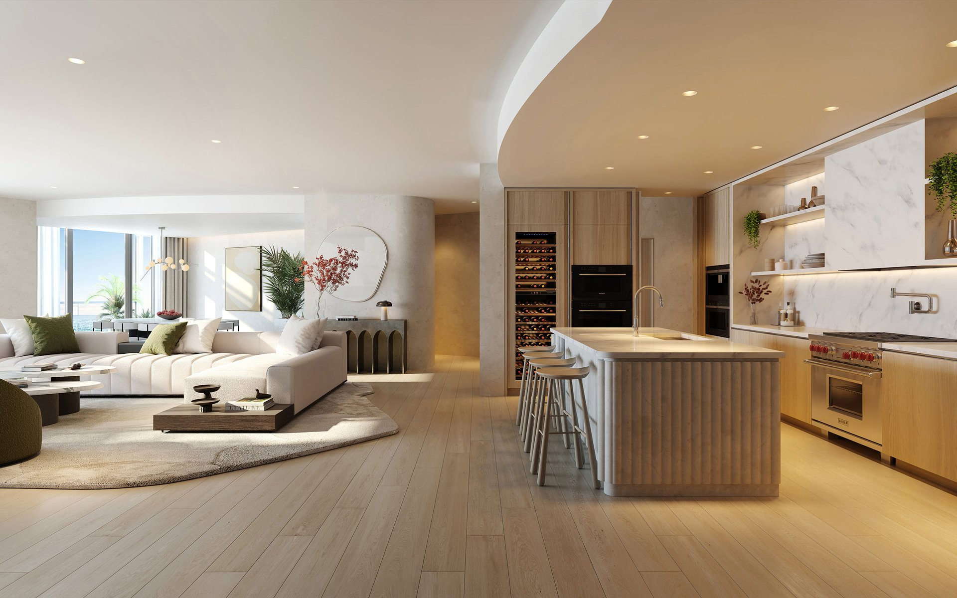 SOM conceived Rivage through restrained tropical modernism, using an undulating glass facade, rounded corners, and deep terraces to soften scale, refract light, and widen the field of view. Rottet Studio answers with a palette of European stone, warm oak, lacquered surfaces, tailored metalwork, and sculptural illumination calibrated for calm. Throughout Ocean Penthouse, controlled light, organic form, and uninterrupted glazing create continuity between sea, sky, room, and wellbeing.