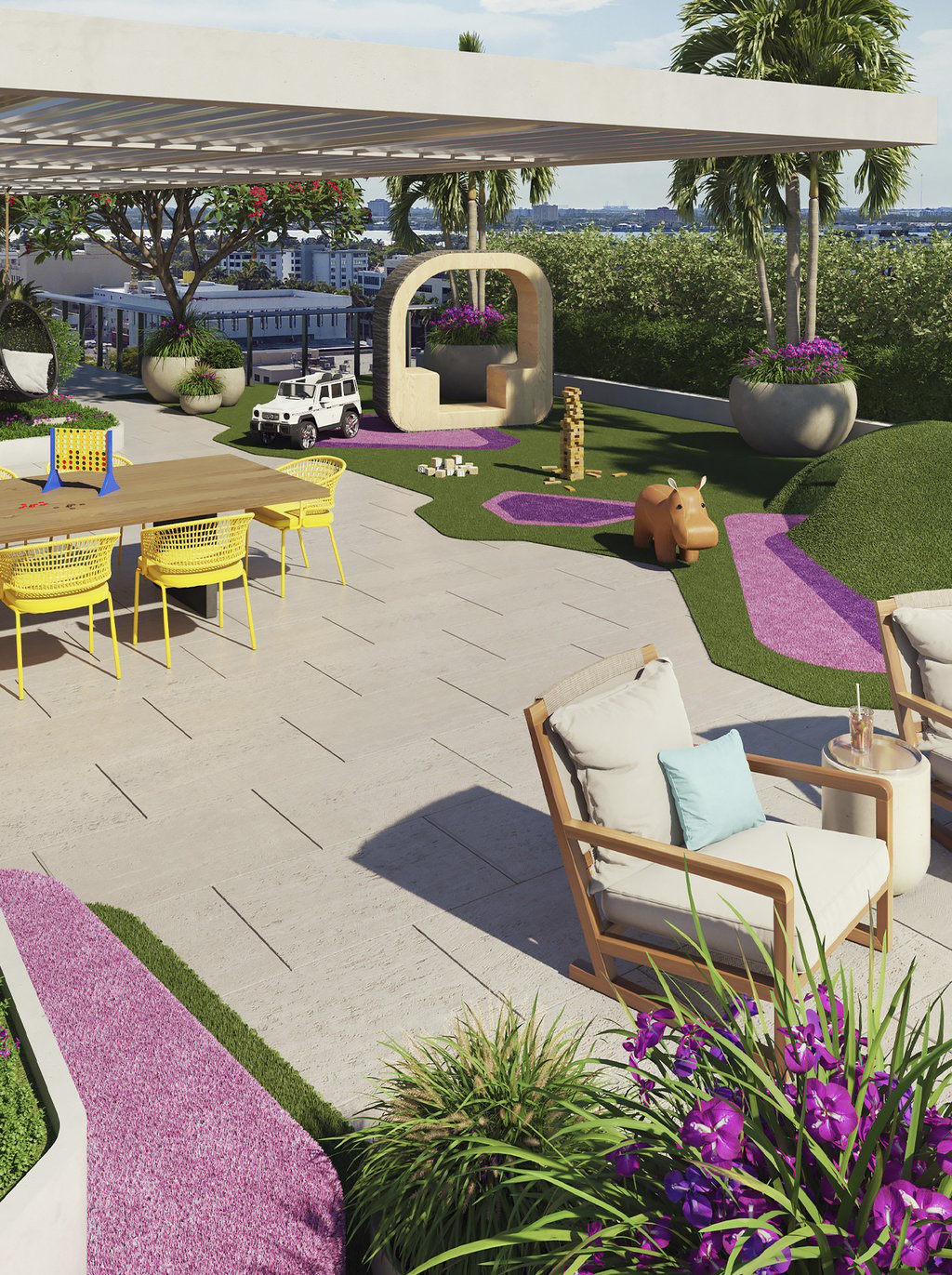 La Baia North includes areas exclusively for kids such as a rooftop splash pad, outdoor play tents, and study pods designed for homework and tutoring.