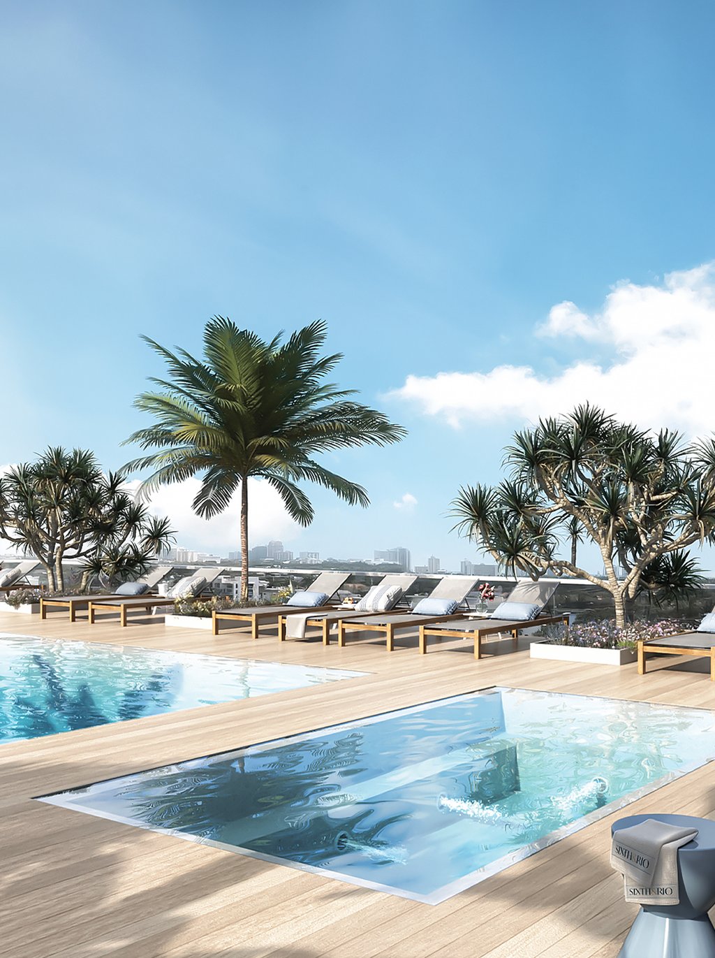 This sky terrace boasts an exquisite infinity-edge pool surrounded by private cabanas, merging luxury and relaxation.