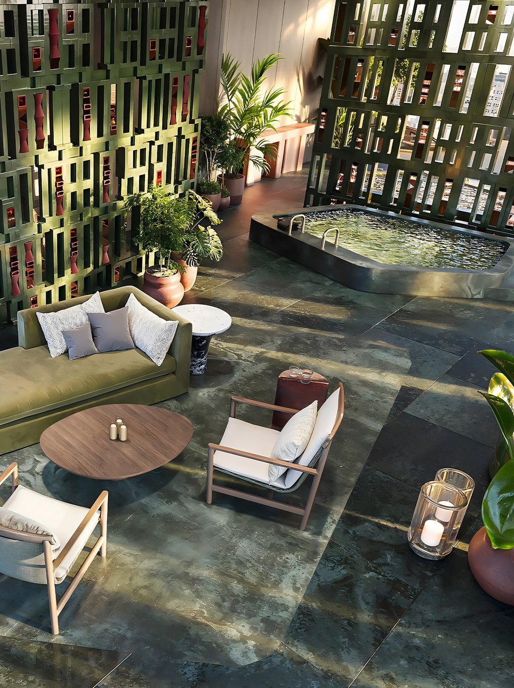 Private cinema, gaming rooms, and lounges for leisure and social interaction. Exclusive access to Jean-Georges dining and private rooftop pools with resort-style decks for enhanced recreational experiences.