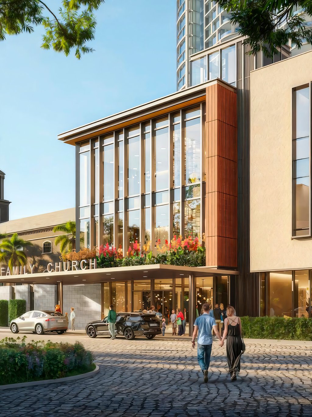 The plan organizes residences, church, and education uses into a cohesive walkable setting. Landscaped paths and promenades encourage easy movement across the site, supporting privacy and security while keeping everyday life effortlessly connected to the waterfront and the city beyond.
